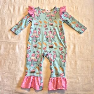 Pete & Lucy girls 9-12 months ruffle bakery cafe print blue & pink ruffle VGUC
